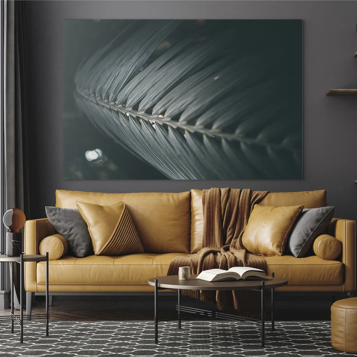 Glasbild - Bild auf glas - Nahaufnahme eines dunkelgrünen Palmblattes mit Lichtreflexion - 120x80cm - Die Präzision der Natur - Moderne Wanddekoration für Wohnzimmer und Schlafzimmer ARTTOR