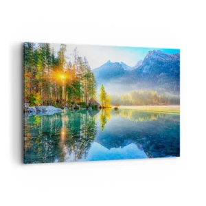 Bild auf Leinwand - Leinwandbild - Ein See, umgeben von Bergen und Wäldern in den Strahlen der Sonne - 120x80cm - Majestät und Süße - Moderne Wanddekoration für Wohnzimmer und Schlafzimmer ARTTOR