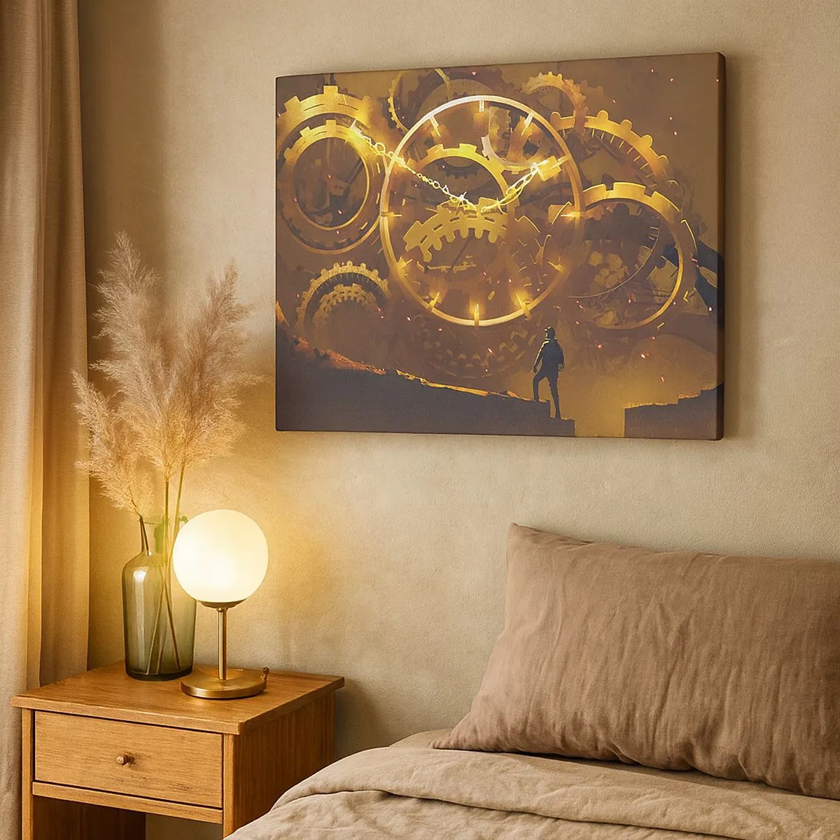 Bild auf Leinwand - Leinwandbild - Goldene Zahnräder in einer surrealen Umgebung mit einer Figur - 70x50cm - An der Quelle der Zeit - Moderne Wanddekoration für Wohnzimmer und Schlafzimmer ARTTOR