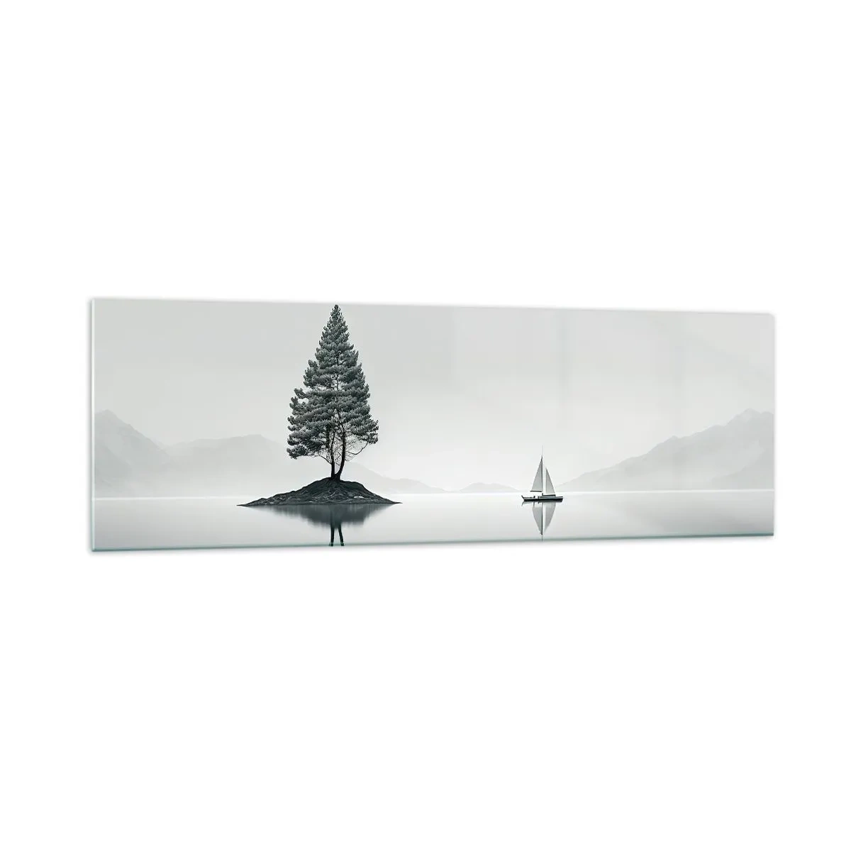Glasbild - Bild auf glas - Eine minimalistische Landschaft mit einem Baum auf einer Insel und einem Segelboot. - 160x50cm - Traum - Moderne Wanddekoration für Wohnzimmer und Schlafzimmer ARTTOR