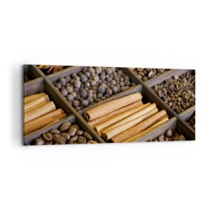 Bild auf Leinwand - Leinwandbild - Gewürze und Kaffee in Holzfächern - 120x50cm - Eine Fundgrube an Aromen - Moderne Wanddekoration für Wohnzimmer und Schlafzimmer ARTTOR