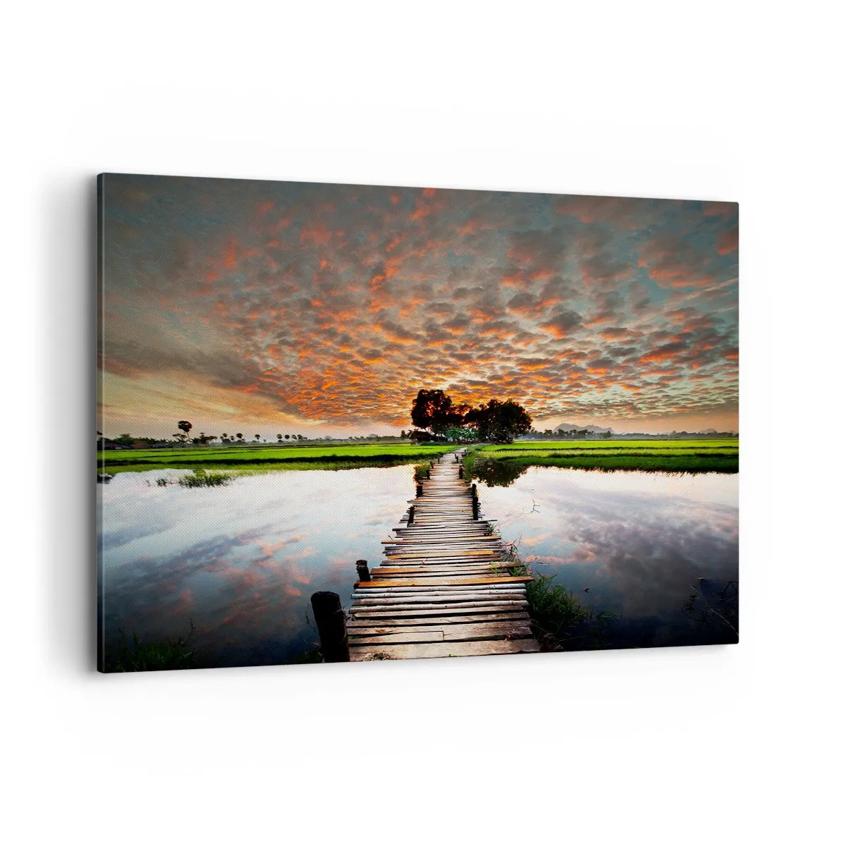 Bild auf Leinwand - Leinwandbild - Holzbrücke über dem Wasser bei Sonnenuntergang - 120x80cm - Arme ausstrecken - atmen - Moderne Wanddekoration für Wohnzimmer und Schlafzimmer ARTTOR