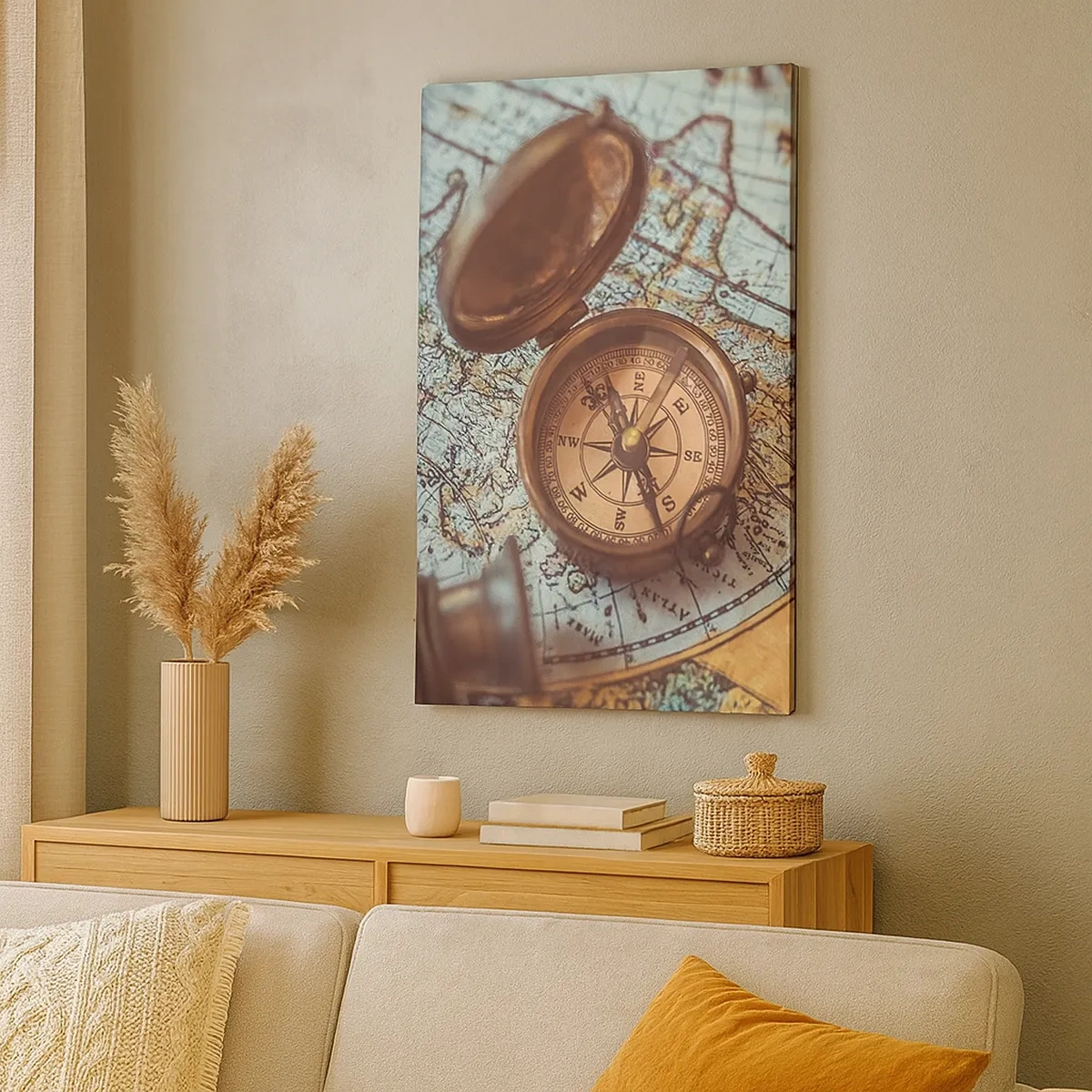 Bild auf Leinwand - Leinwandbild - Komposition mit Kompass, Schlüsseln und einer alten Karte im Retro-Stil - 50x70cm - Für den Abenteurer - Moderne Wanddekoration für Wohnzimmer und Schlafzimmer ARTTOR