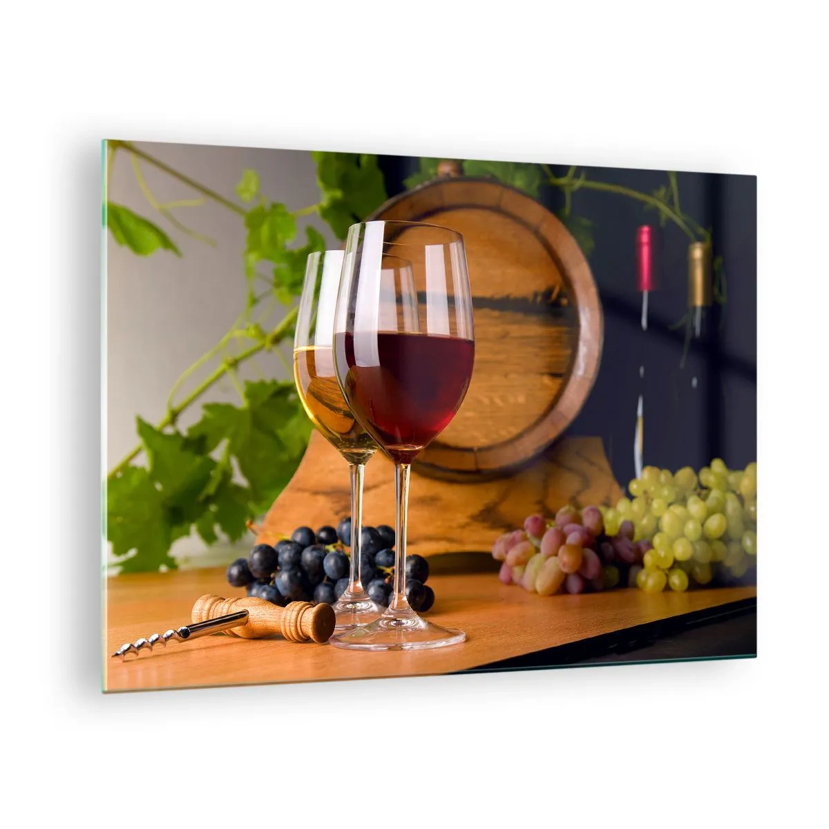 Glasbild - Bild auf glas - Weingläser, Trauben und ein Fass vor einem Hintergrund aus Weinblättern - 70x50cm - Wie die alten Meister - Moderne Wanddekoration für Wohnzimmer und Schlafzimmer ARTTOR