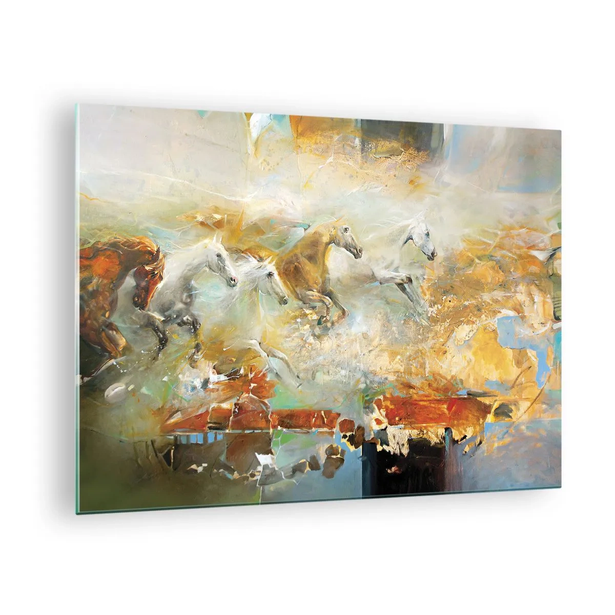 Glasbild - Bild auf glas - Abstrakte Pferde in dynamischer Bewegung - 70x50cm - Im Galopp durch das Licht - Moderne Wanddekoration für Wohnzimmer und Schlafzimmer ARTTOR