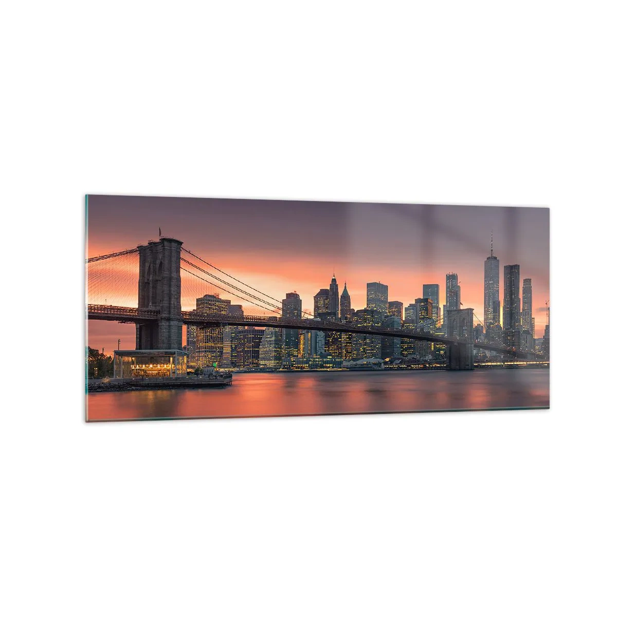 Glasbild - Bild auf glas - Nachtpanorama der Stadt mit einer Brücke und einem beleuchteten Himmel - 120x50cm - Eingetaucht in lila Stille - Moderne Wanddekoration für Wohnzimmer und Schlafzimmer ARTTOR