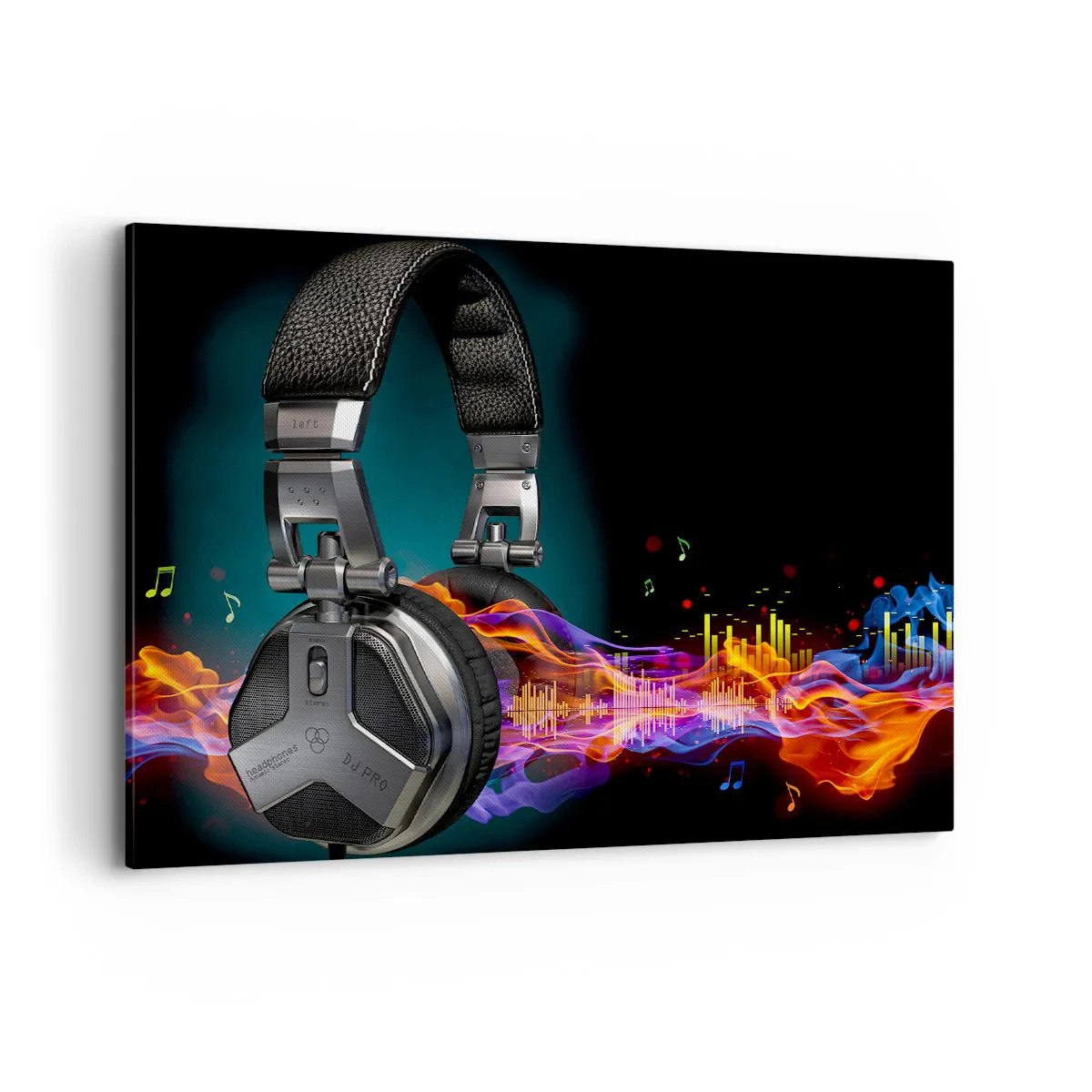 Bild auf Leinwand - Leinwandbild - Schwarze Kopfhörer mit farbenfrohem Musikvisualisierungseffekt - 100x70cm - Feuer der Musik - Moderne Wanddekoration für Wohnzimmer und Schlafzimmer ARTTOR