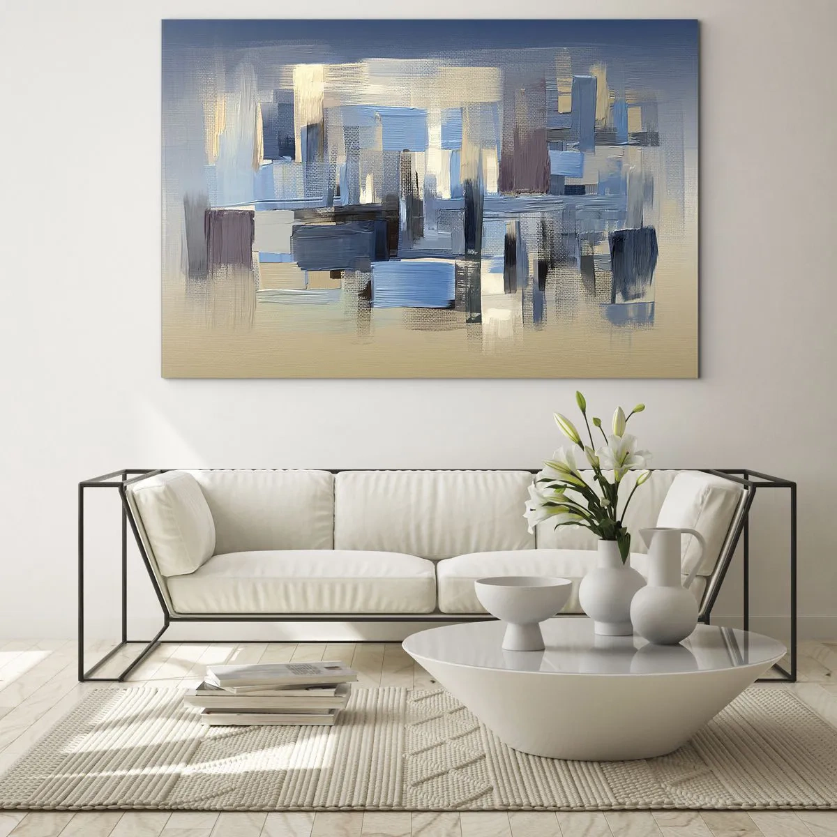 Glasbild - Bild auf glas - Geometrische Pinselstriche in Blau- und Beigetönen - 120x80cm - Blaue Konstruktion - Moderne Wanddekoration für Wohnzimmer und Schlafzimmer ARTTOR