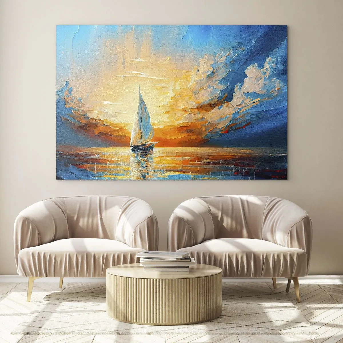 Glasbild - Bild auf glas - Ein Segelboot auf See im Licht der untergehenden Sonne - 70x50cm - In Gold segeln - Moderne Wanddekoration für Wohnzimmer und Schlafzimmer ARTTOR