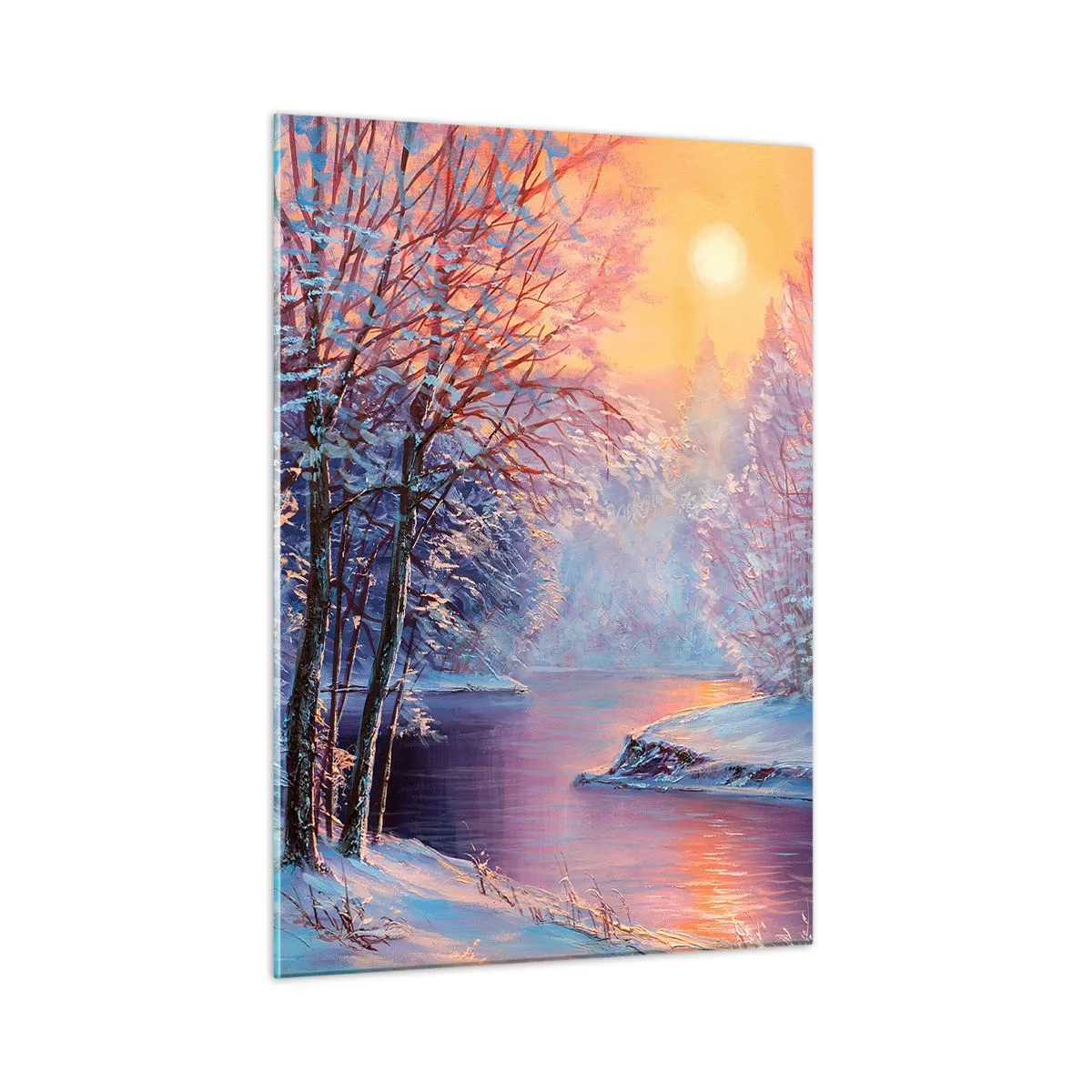 Glasbild - Bild auf glas - Winterlandschaft mit Fluss und Sonnenuntergang - 50x70cm - Die Farben des Winters - Moderne Wanddekoration für Wohnzimmer und Schlafzimmer ARTTOR