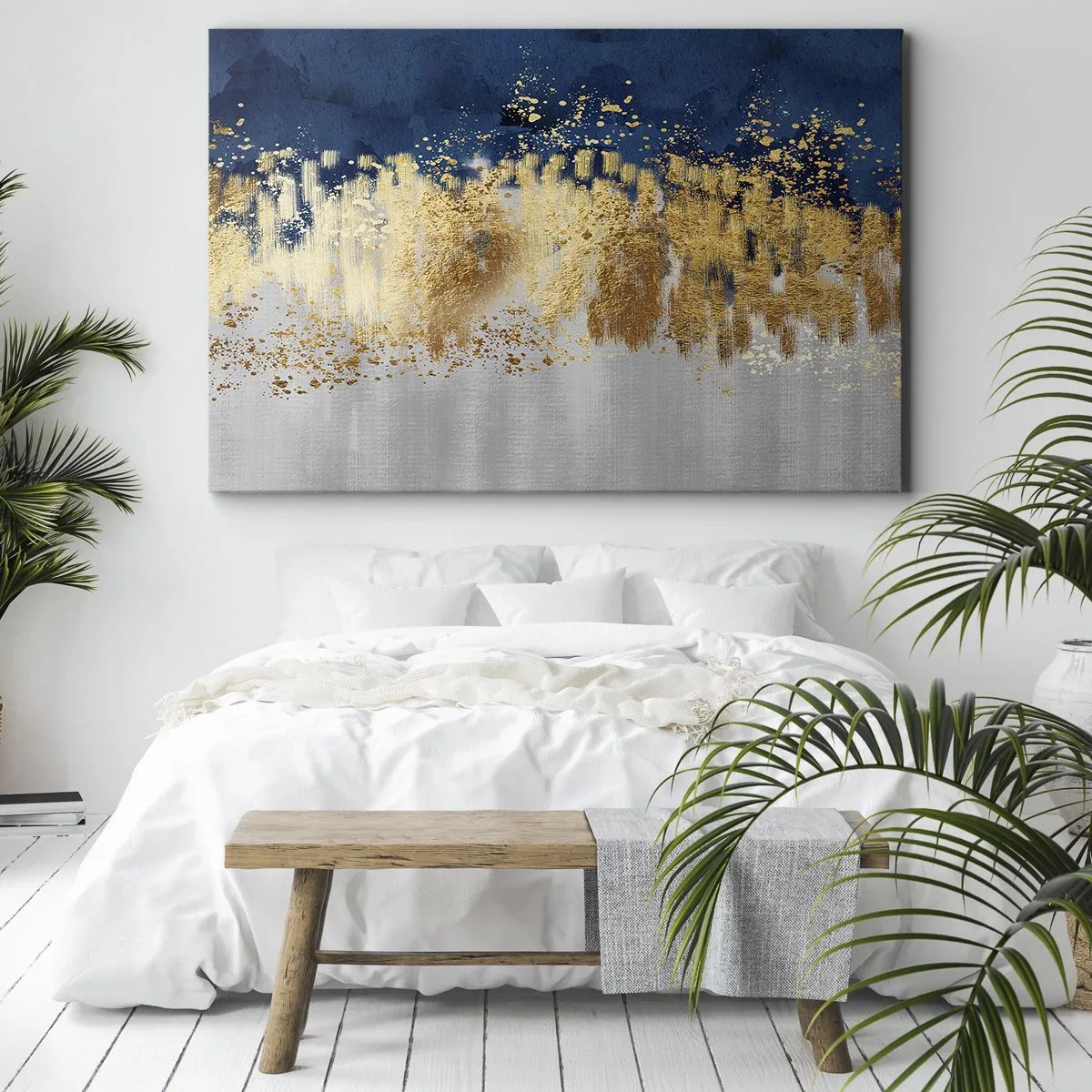 Bild auf Leinwand - Leinwandbild - Eine abstrakte Komposition in Gold- und Marineblautönen. - 120x80cm - Moderne Komposition mit Glanz - Moderne Wanddekoration für Wohnzimmer und Schlafzimmer ARTTOR