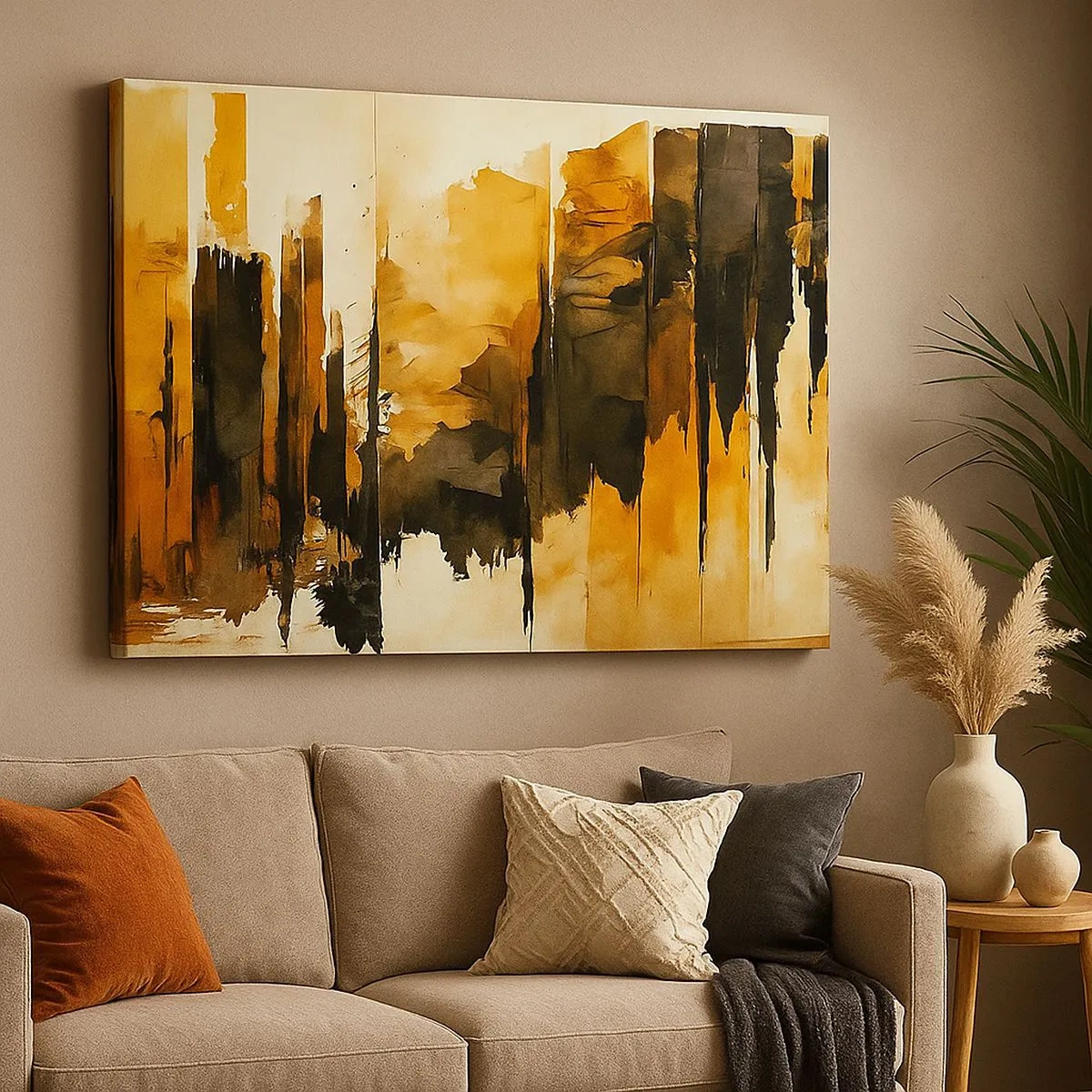 Bild auf Leinwand - Leinwandbild - Abstrakte goldene und schwarze Streifen in einer künstlerischen Komposition - 70x50cm - Harmonie von Schwarz und Gold - Moderne Wanddekoration für Wohnzimmer und Schlafzimmer ARTTOR