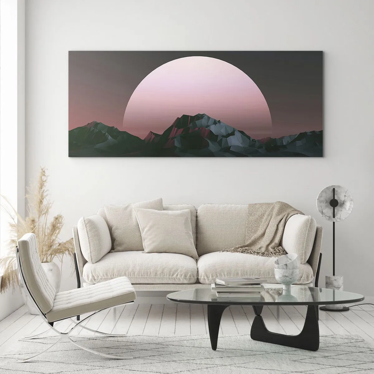 Glasbild - Bild auf glas - Geometrische Berge mit der untergehenden Sonne im Hintergrund - 140x50cm - In einer Nachbargalaxie - Moderne Wanddekoration für Wohnzimmer und Schlafzimmer ARTTOR