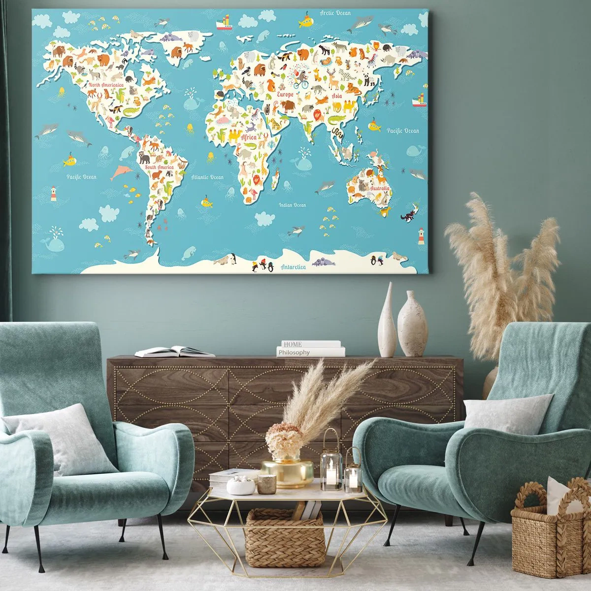 Bild auf Leinwand - Leinwandbild - Bunte Weltkarte mit Tierillustrationen - 70x50cm - Wir lieben die ganze Welt - Moderne Wanddekoration für Wohnzimmer und Schlafzimmer ARTTOR