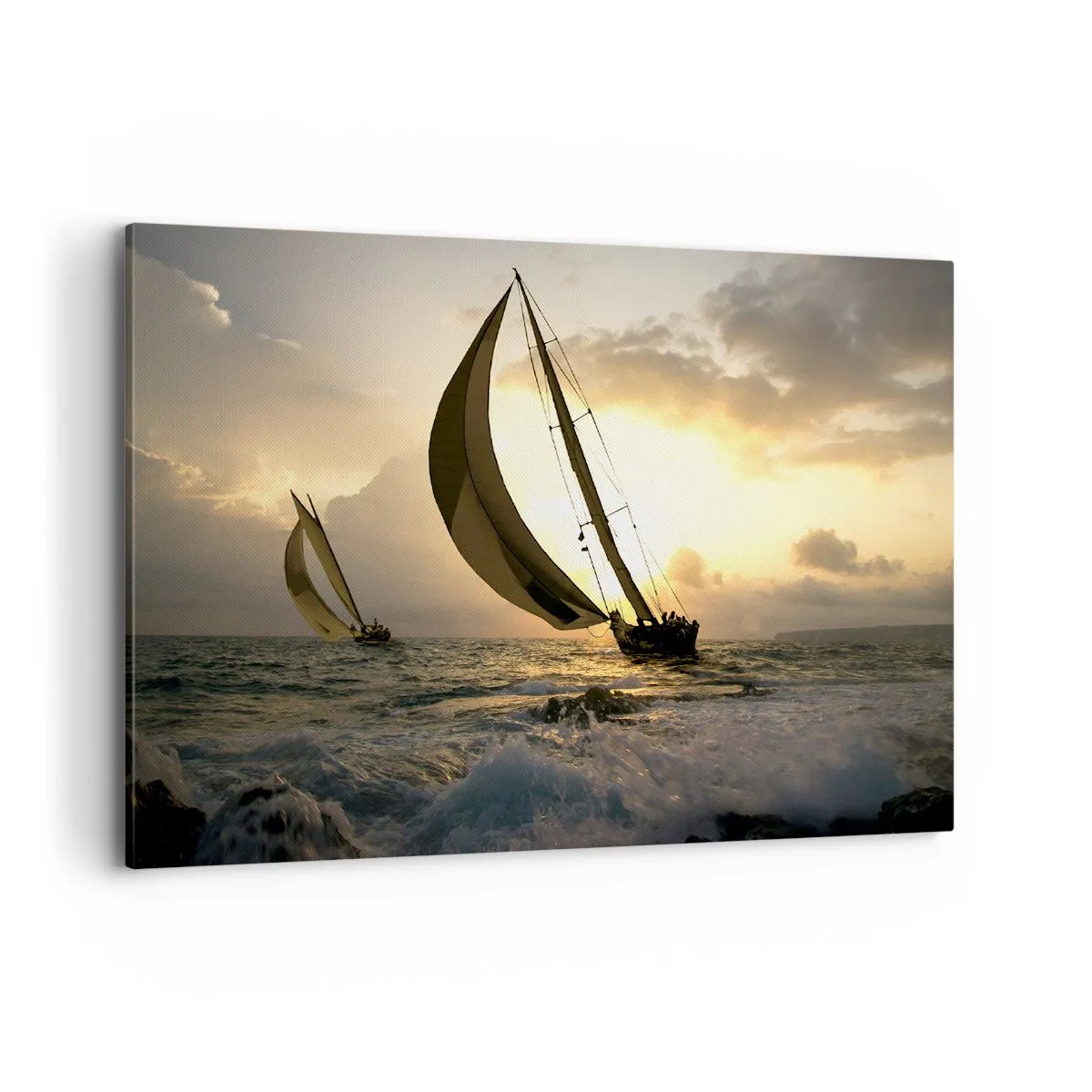 Bild auf Leinwand - Leinwandbild - Segelboote auf See bei Sonnenuntergang - 120x80cm - Mit dem Wind und gegen den Wind - Moderne Wanddekoration für Wohnzimmer und Schlafzimmer ARTTOR