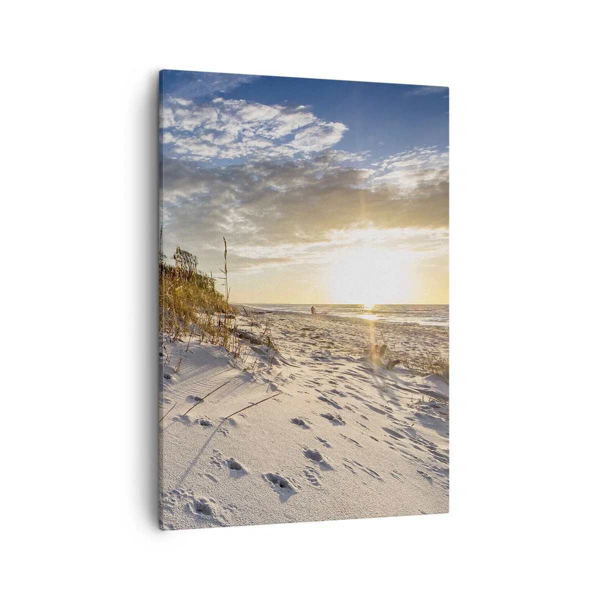 Bild auf Leinwand - Leinwandbild - Dünen mit Gras und Fußspuren im Sand bei Sonnenuntergang - 50x70cm - Einladung zu einem Spaziergang - Moderne Wanddekoration für Wohnzimmer und Schlafzimmer ARTTOR