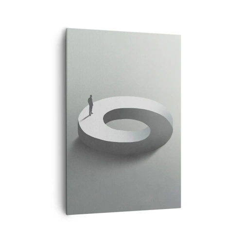 Bild auf Leinwand - Leinwandbild - Ein Mann auf einer grauen, abstrakten Struktur - 70x100cm - Und wie soll man davon klug werden - Moderne Wanddekoration für Wohnzimmer und Schlafzimmer ARTTOR