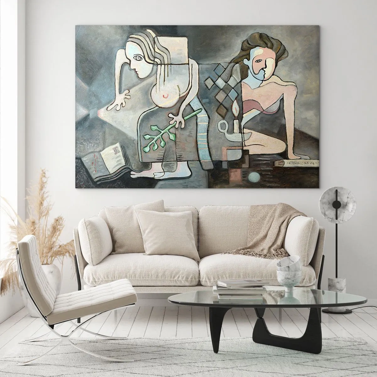 Glasbild - Bild auf glas - Eine abstrakte Szene mit zwei Figuren im kubistischen Stil. - 120x80cm - Mosaik aus Geist und Materie - Moderne Wanddekoration für Wohnzimmer und Schlafzimmer ARTTOR