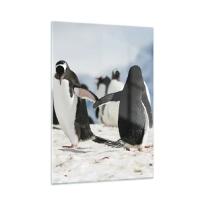 Glasbild - Bild auf glas - Pinguine im Schnee in einer Polarlandschaft - 50x70cm - Tanzen im Schnee - Moderne Wanddekoration für Wohnzimmer und Schlafzimmer ARTTOR