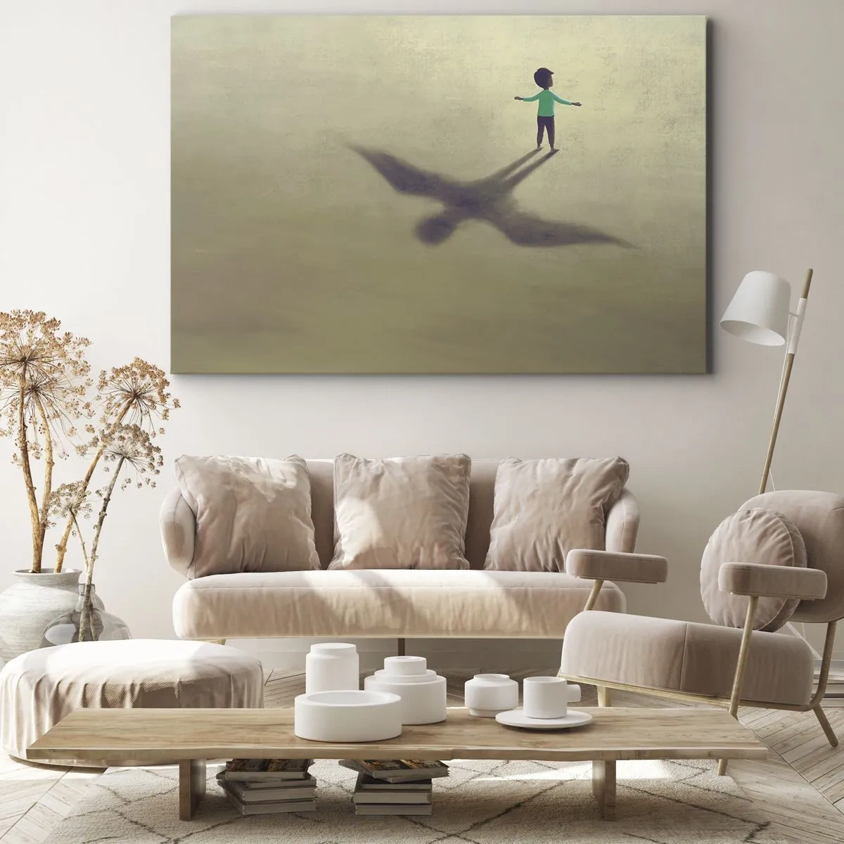 Bild auf Leinwand - Leinwandbild - Eine symbolische Figur eines Kindes mit dem Schatten eines Vogels vor einem Hintergrund in warmen Farbtönen. - 100x70cm - Der Held der Zukunft - Moderne Wanddekoration für Wohnzimmer und Schlafzimmer ARTTOR