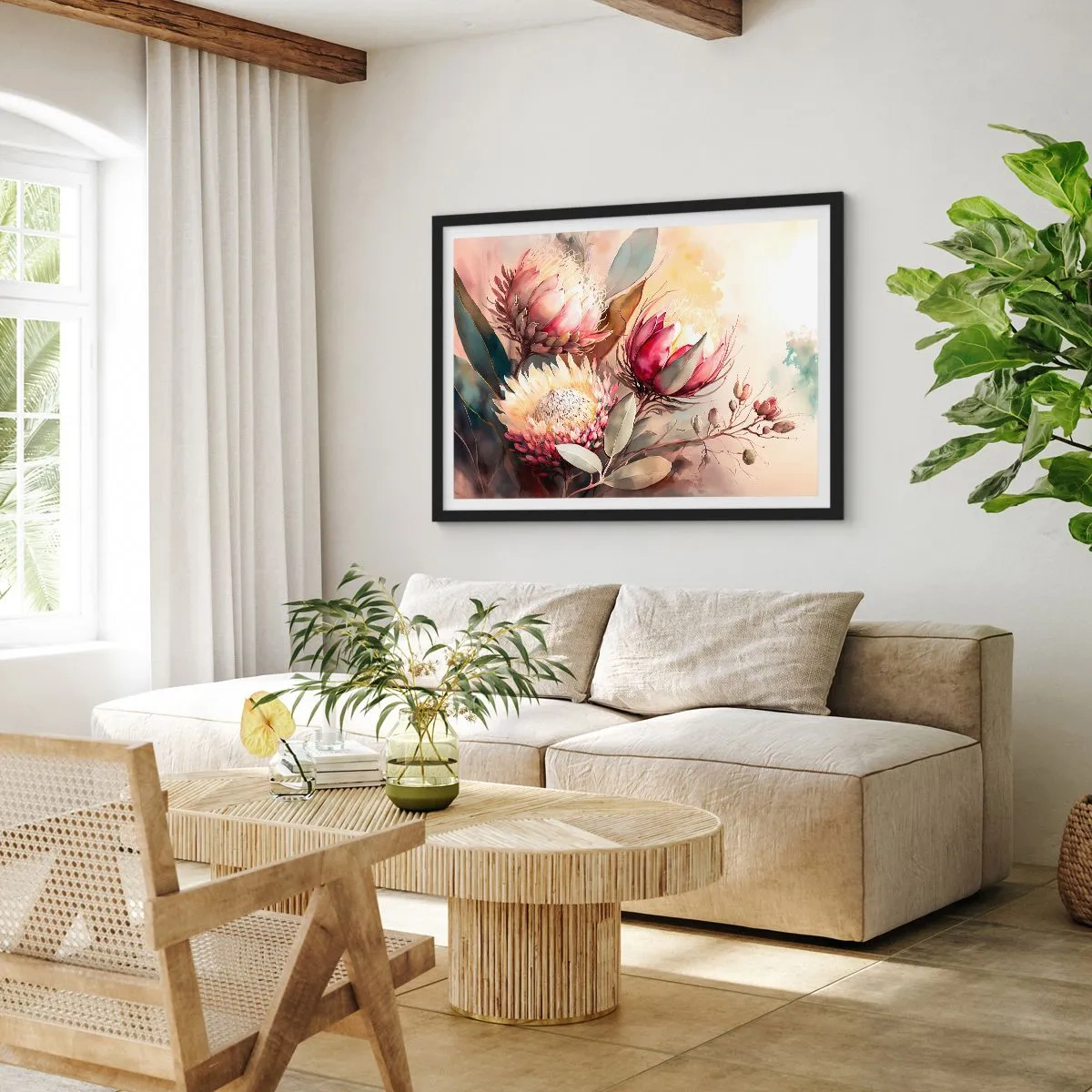 Poster in einem schwarzem Rahmen - Proteablüten in zarten Pastelltönen - 100x70cm - Im Profil und en face - Moderne Wanddekoration für Wohnzimmer und Schlafzimmer ARTTOR