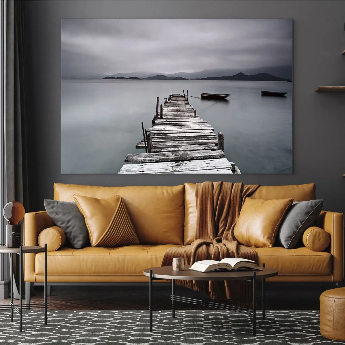 Glasbild - Bild auf glas - Ein Holzsteg auf einem See an einem nebligen Tag - 70x50cm - Du kannst morgen gehen - Moderne Wanddekoration für Wohnzimmer und Schlafzimmer ARTTOR