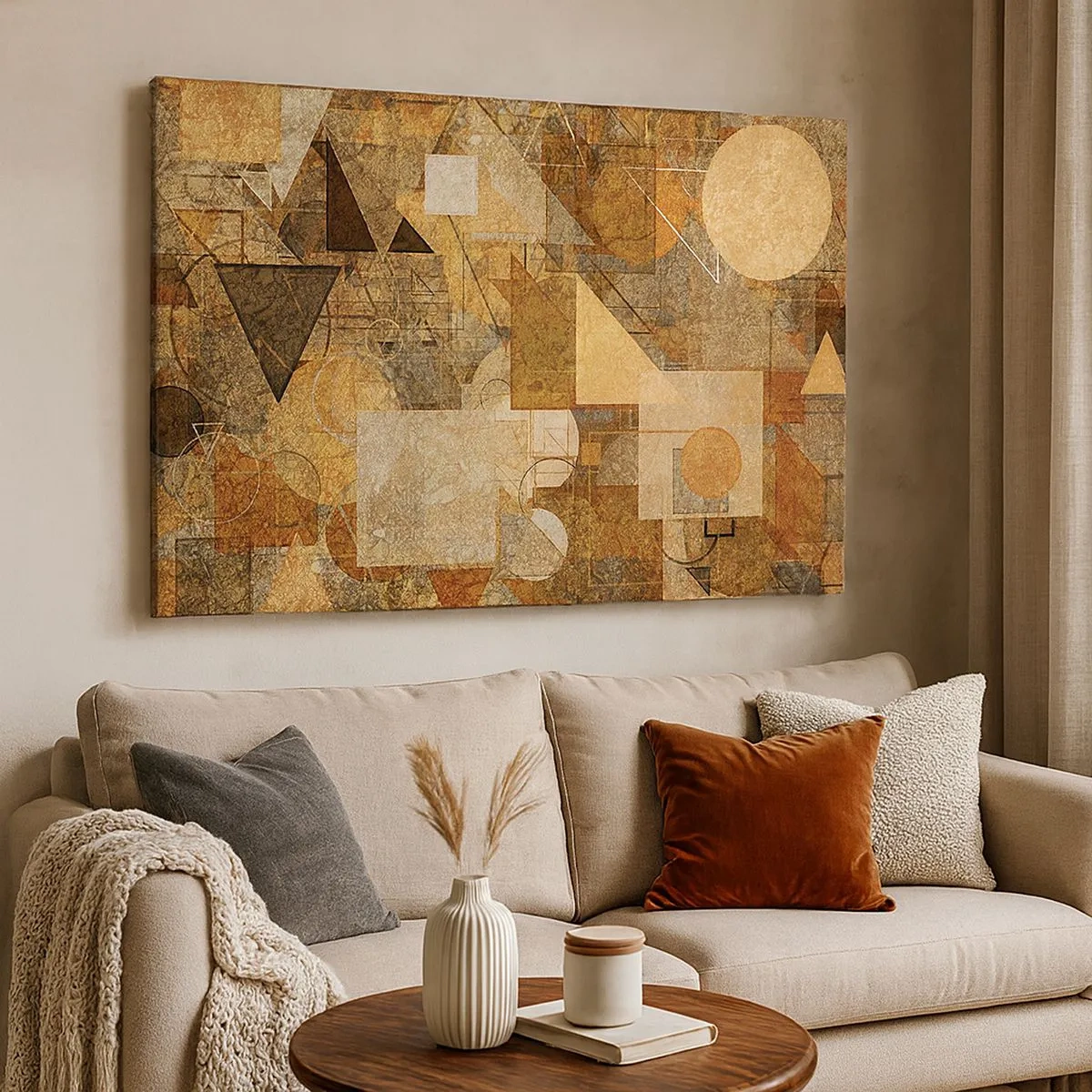 Bild auf Leinwand - Leinwandbild - Abstrakte geometrische Figuren in warmen Farbtönen - 70x50cm - Eine kubistische Studie aus Bronze - Moderne Wanddekoration für Wohnzimmer und Schlafzimmer ARTTOR
