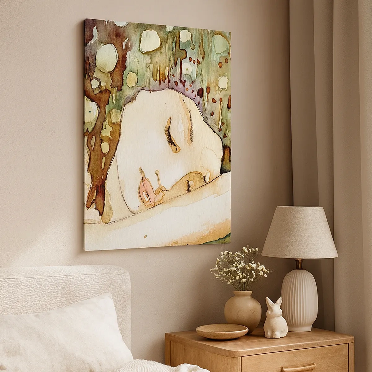 Bild auf Leinwand - Leinwandbild - Eine träumende Frau, umgeben von abstrakten Formen und Farben. - 50x70cm - Ein smaragd-violetter Traum - Moderne Wanddekoration für Wohnzimmer und Schlafzimmer ARTTOR