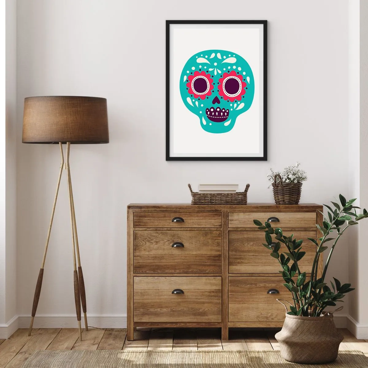 Poster in einem schwarzem Rahmen - Bunter mexikanischer Totenkopf zum Tag der Toten - 50x70cm - Das Leben – Spaß bis zum Tod - Moderne Wanddekoration für Wohnzimmer und Schlafzimmer ARTTOR