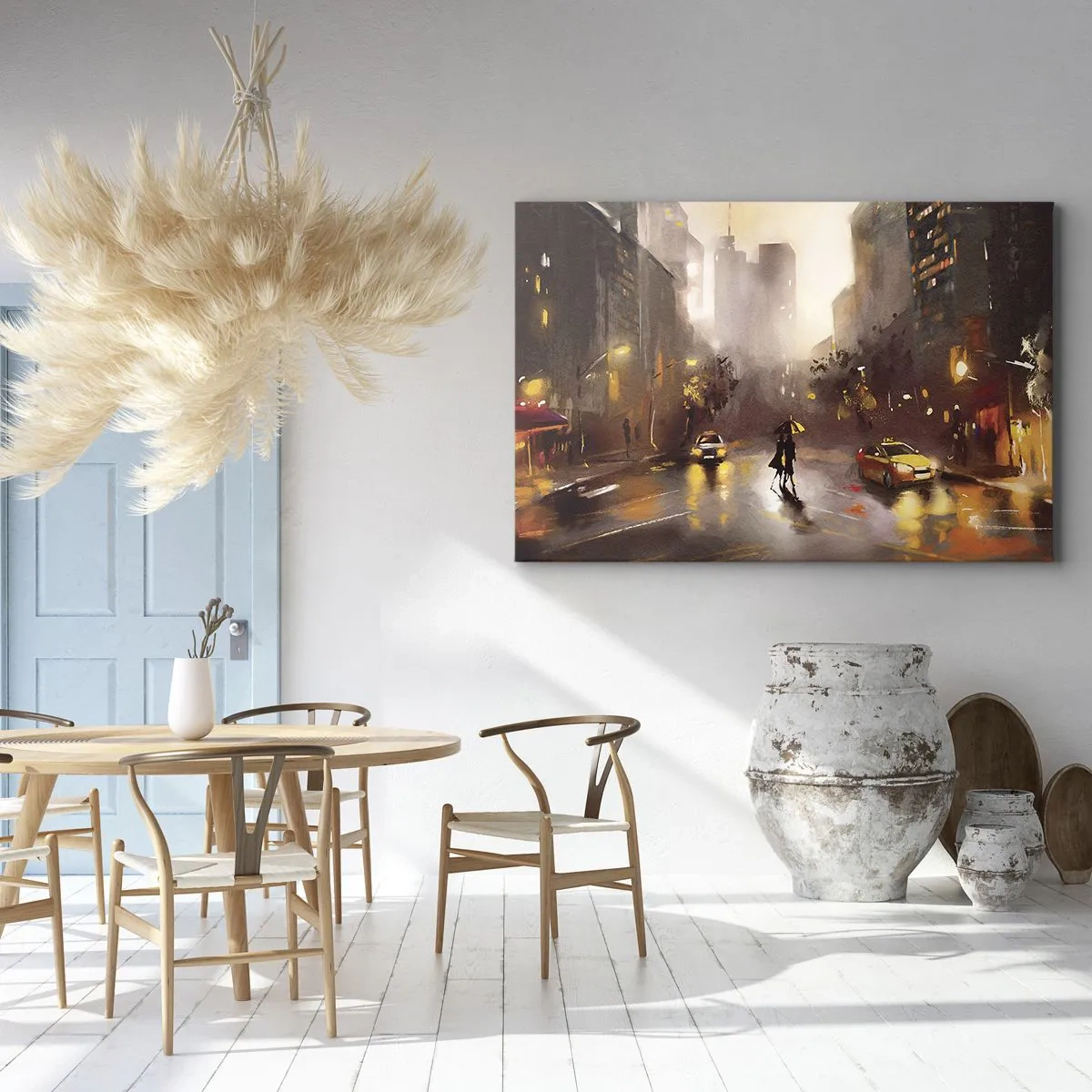 Bild auf Leinwand - Leinwandbild - Eine nächtliche Stadtszene im Licht der Straßenlaternen und Spiegelungen auf einer nassen Straße. - 70x50cm - Im Licht von New York - Moderne Wanddekoration für Wohnzimmer und Schlafzimmer ARTTOR