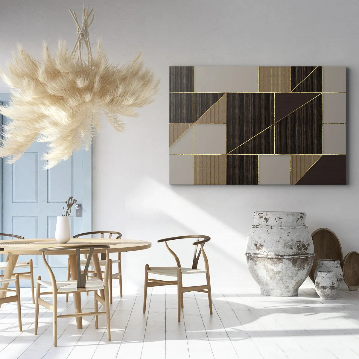 Bild auf Leinwand - Leinwandbild - Geometrische Muster in Brauntönen mit goldenen Linien - 70x50cm - Ein Mosaik aus Braun und Gold - Moderne Wanddekoration für Wohnzimmer und Schlafzimmer ARTTOR