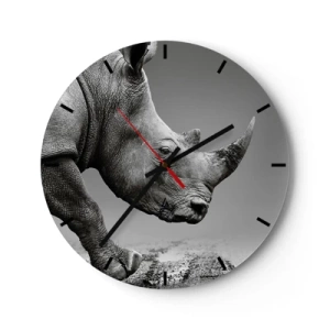 Wanduhr - Glasuhr - Ein Nashorn im Schwarz-Weiß-Stil auf neutralem Hintergrund - 30x30cm - Unaufhaltsame Stärke - Moderne Wanddekoration für Wohnzimmer, Küche und Schlafzimmer ARTTOR