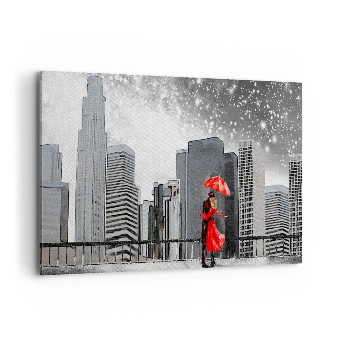 Bild auf Leinwand - Leinwandbild - Ein Paar in Rot mit einem Regenschirm vor dem Hintergrund einer Stadtlandschaft - 120x80cm - Der Mensch ist kein Stein - Moderne Wanddekoration für Wohnzimmer und Schlafzimmer ARTTOR