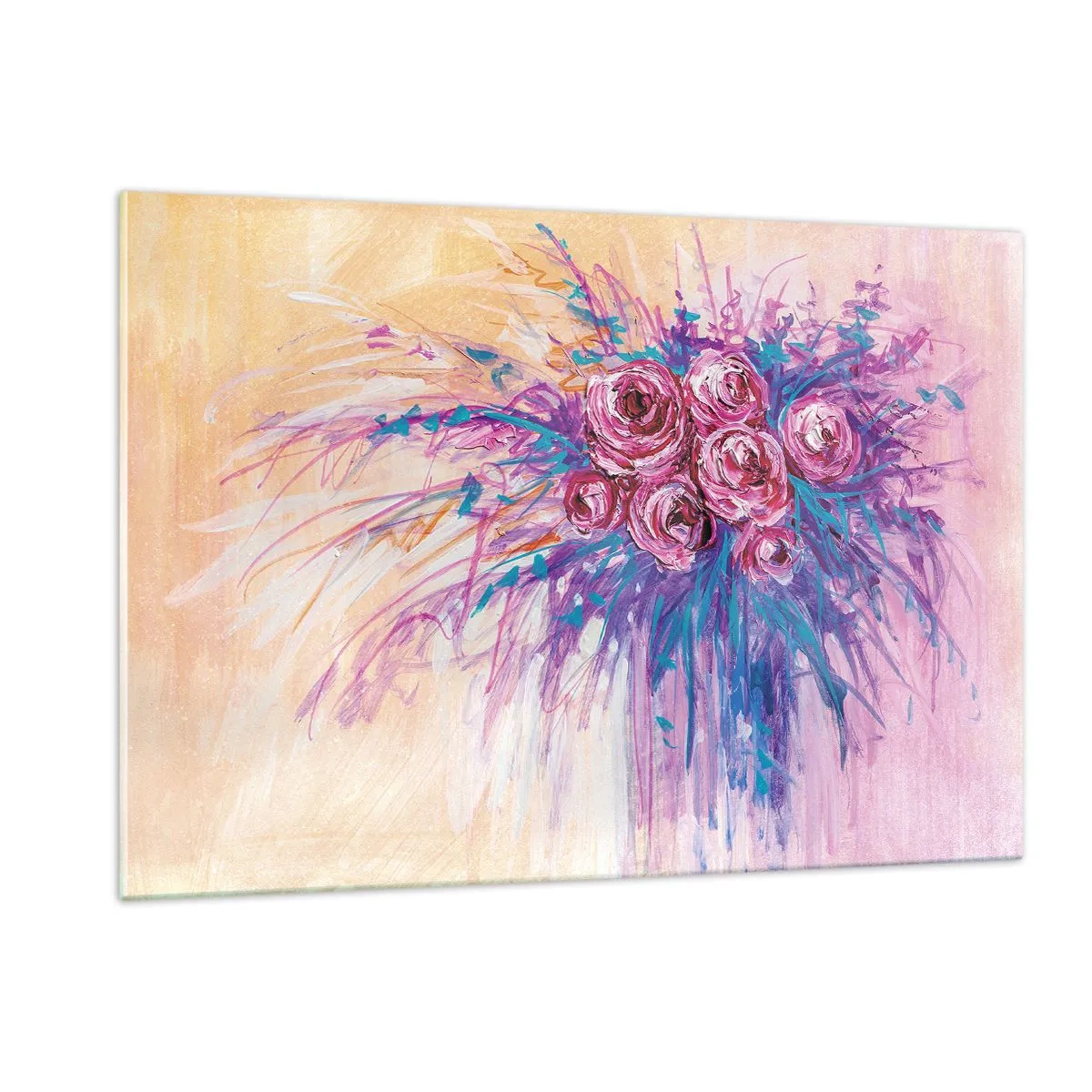 Glasbild - Bild auf glas - Ein Strauß Rosen in Rosa- und Lilatönen auf pastellfarbenem Hintergrund - 120x80cm - Rosenbrunnen - Moderne Wanddekoration für Wohnzimmer und Schlafzimmer ARTTOR