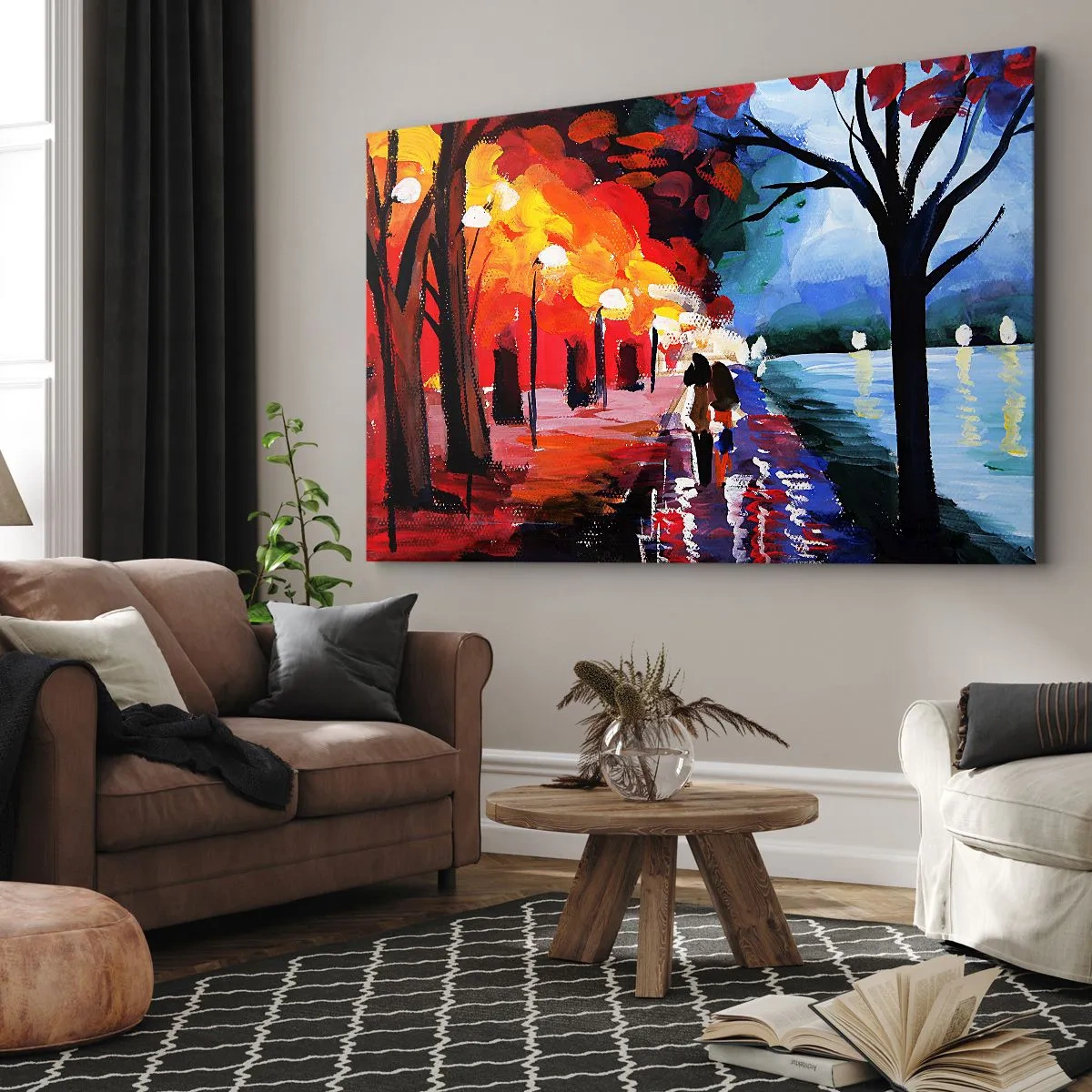 Bild auf Leinwand - Leinwandbild - Ein Herbstspaziergang entlang des Weges mit Blick auf das Wasser - 120x80cm - Strahlender Herbst im Park - Moderne Wanddekoration für Wohnzimmer und Schlafzimmer ARTTOR