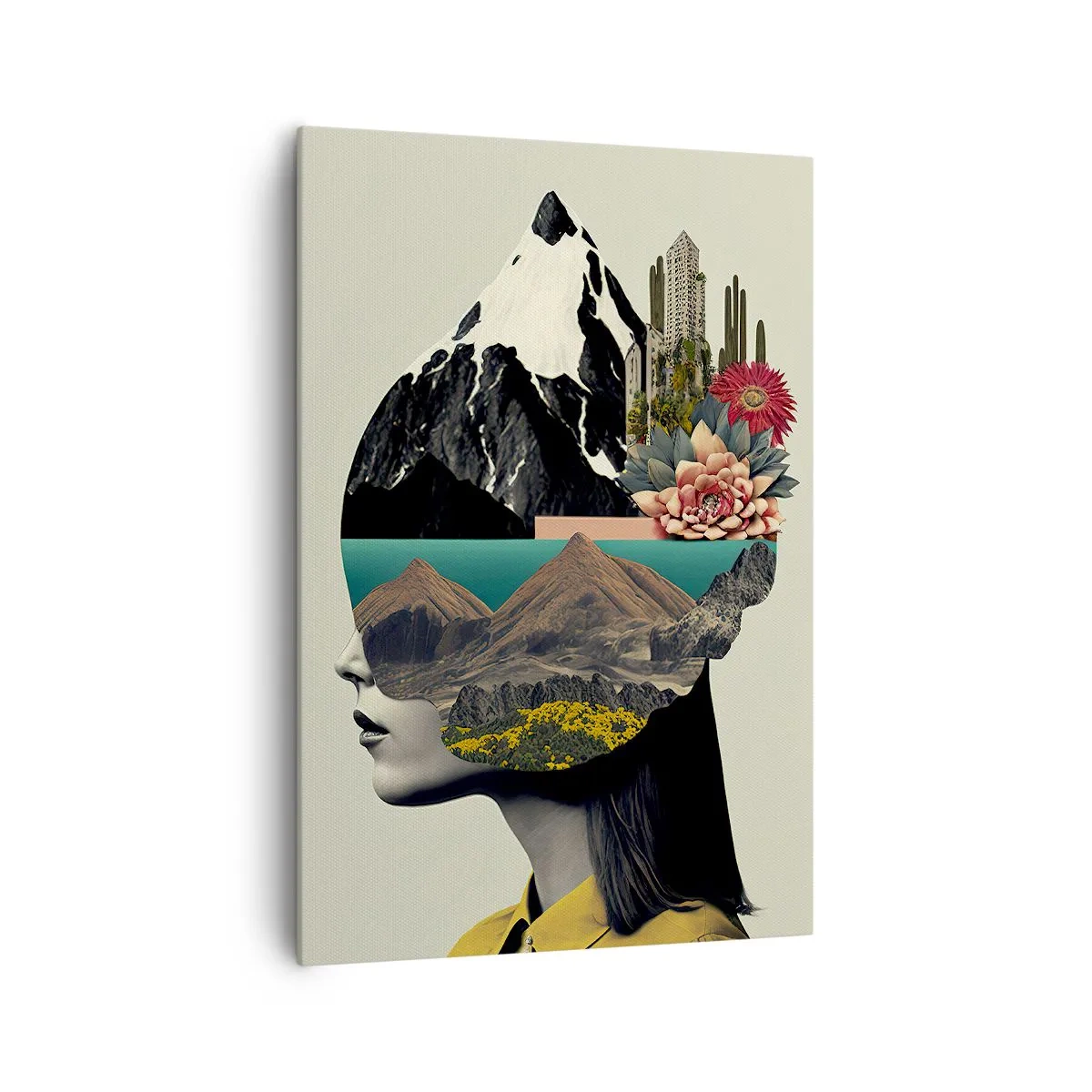 Bild auf Leinwand - Leinwandbild - Collage einer Frau mit Berglandschaft und Blumen - 70x100cm - Frau – bleibt immer ein Geheimnis - Moderne Wanddekoration für Wohnzimmer und Schlafzimmer ARTTOR