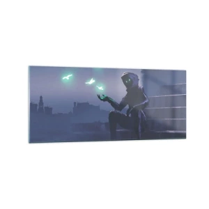 Glasbild - Bild auf glas - Eine vermummte Figur mit magischen Vögeln im Hintergrund einer Stadt - 120x50cm - Das Leben wird zurückkommen - Moderne Wanddekoration für Wohnzimmer und Schlafzimmer ARTTOR