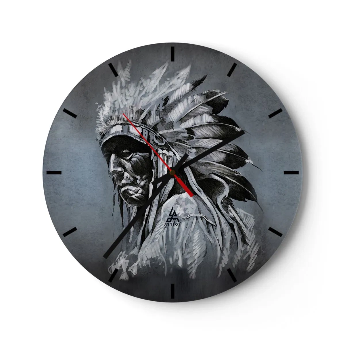 Wanduhr - Glasuhr - Porträt eines Kriegers mit Federschmuck vor grauem Hintergrund - 30x30cm - Zurück zu den Wurzeln - Moderne Wanddekoration für Wohnzimmer, Küche und Schlafzimmer ARTTOR