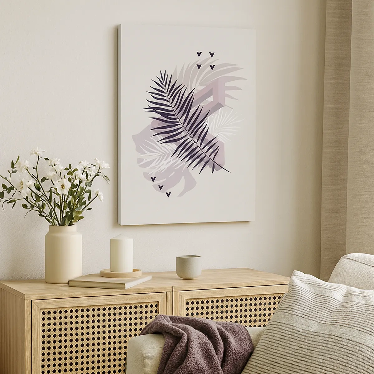 Bild auf Leinwand - Leinwandbild - Eine minimalistische Komposition mit Blättern und geometrischen Formen - 50x70cm - Der Schatten des Schattens - Moderne Wanddekoration für Wohnzimmer und Schlafzimmer ARTTOR