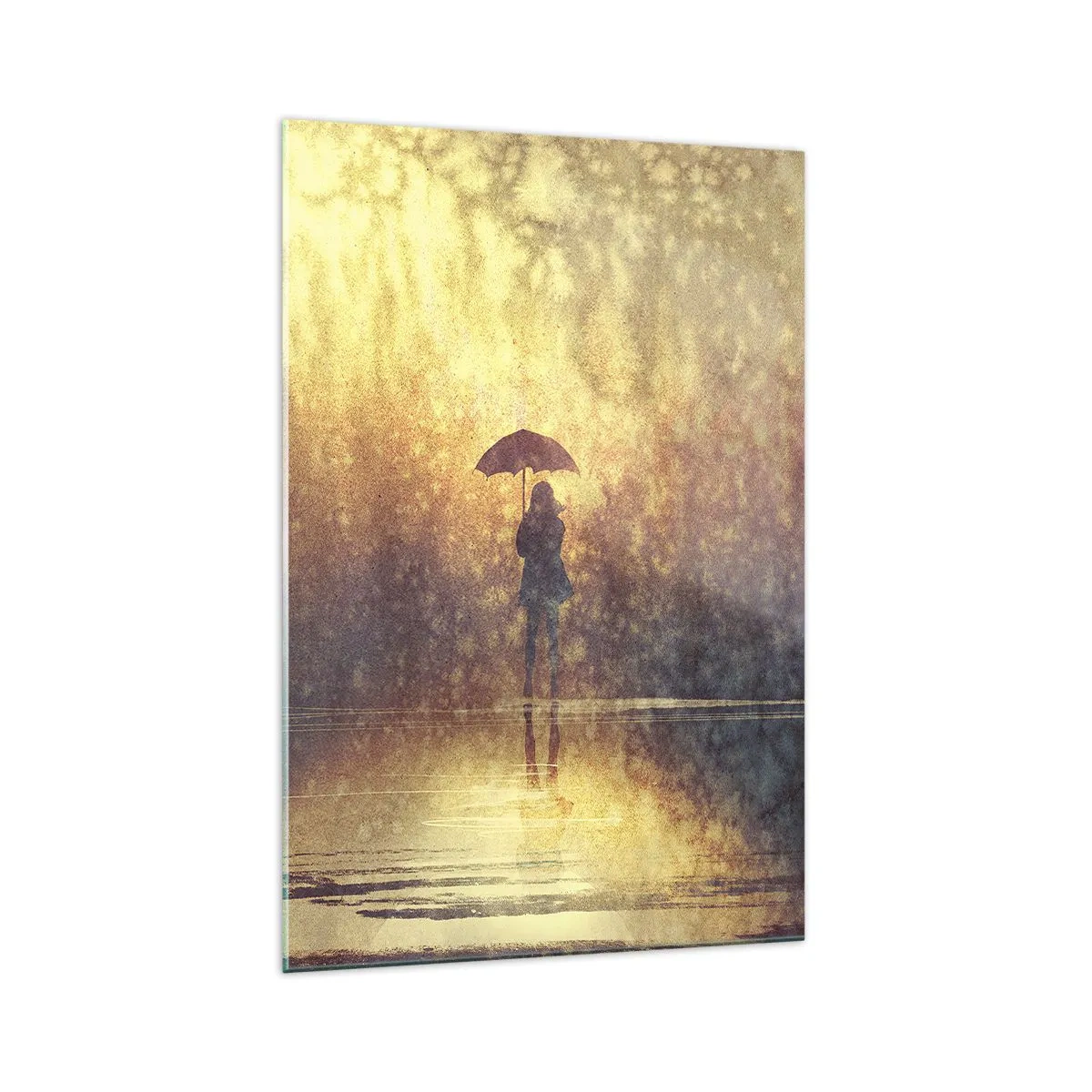 Glasbild - Bild auf glas - Eine Figur mit einem Regenschirm in einer nebligen Landschaft voller Reflexionen - 70x100cm - Ich habe das Gefühl, dass mich jemand ansieht - Moderne Wanddekoration für Wohnzimmer und Schlafzimmer ARTTOR