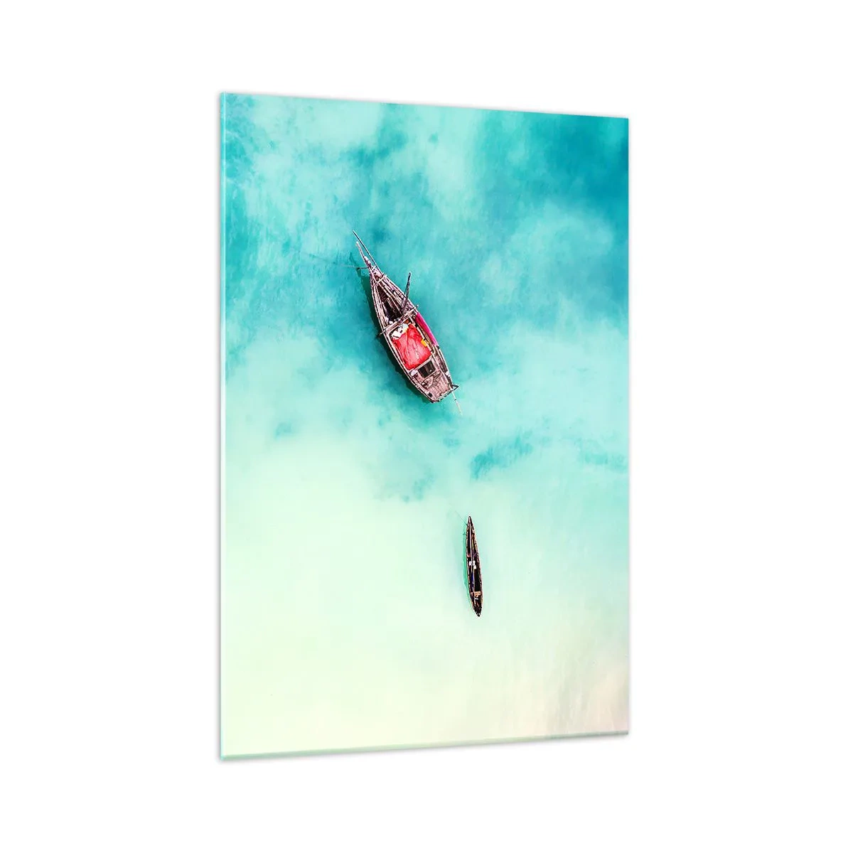 Glasbild - Bild auf glas - Boote auf türkisfarbenem Wasser aus der Vogelperspektive - 70x100cm - Denn an den Stränden von Sansibar, wenn der Wasserüberschuss ... - Moderne Wanddekoration für Wohnzimmer und Schlafzimmer ARTTOR