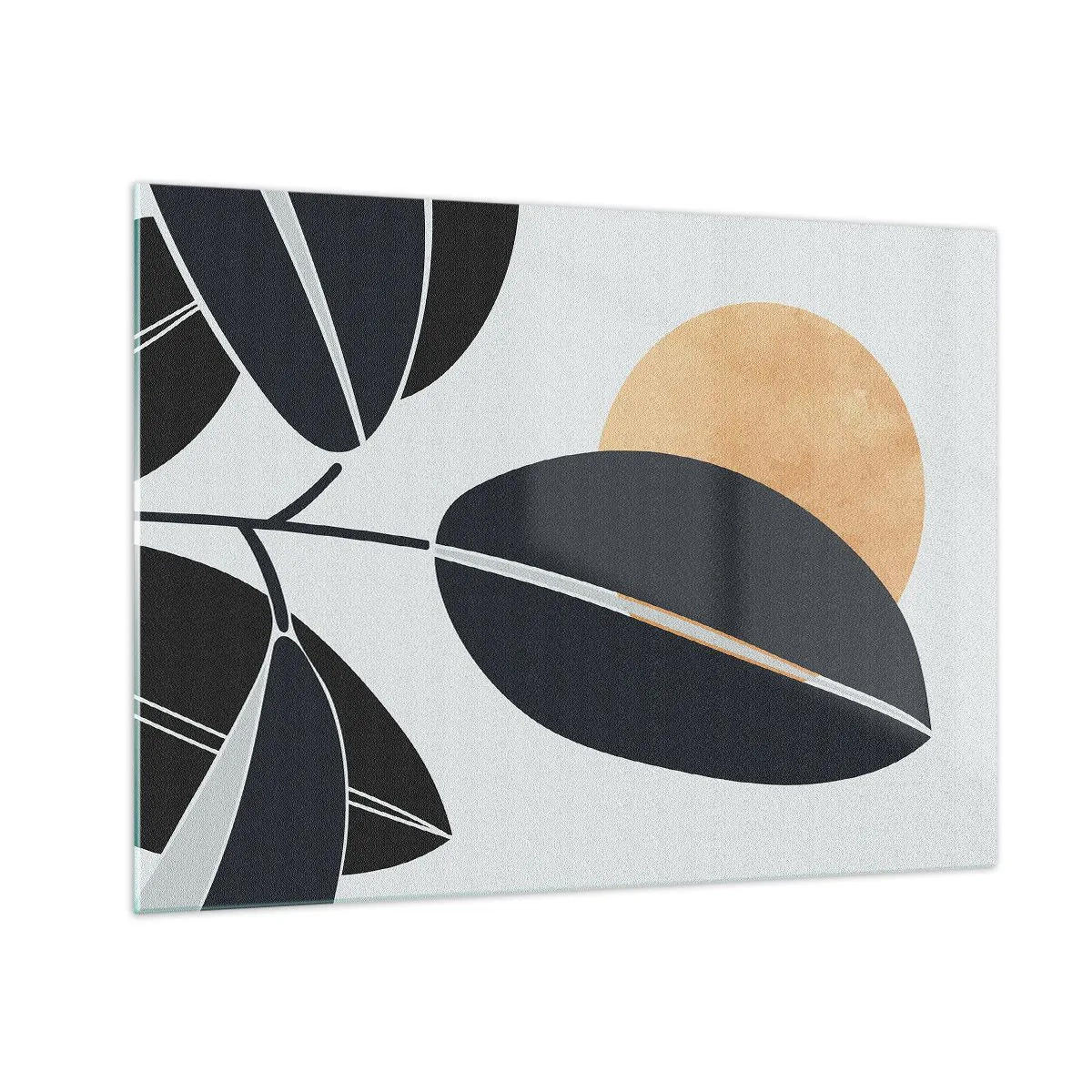 Glasbild - Bild auf glas - Stilisierte Blätter in Schwarz mit einer orangefarbenen Sonne im Hintergrund - 70x50cm - Heißer Sommertag - Moderne Wanddekoration für Wohnzimmer und Schlafzimmer ARTTOR
