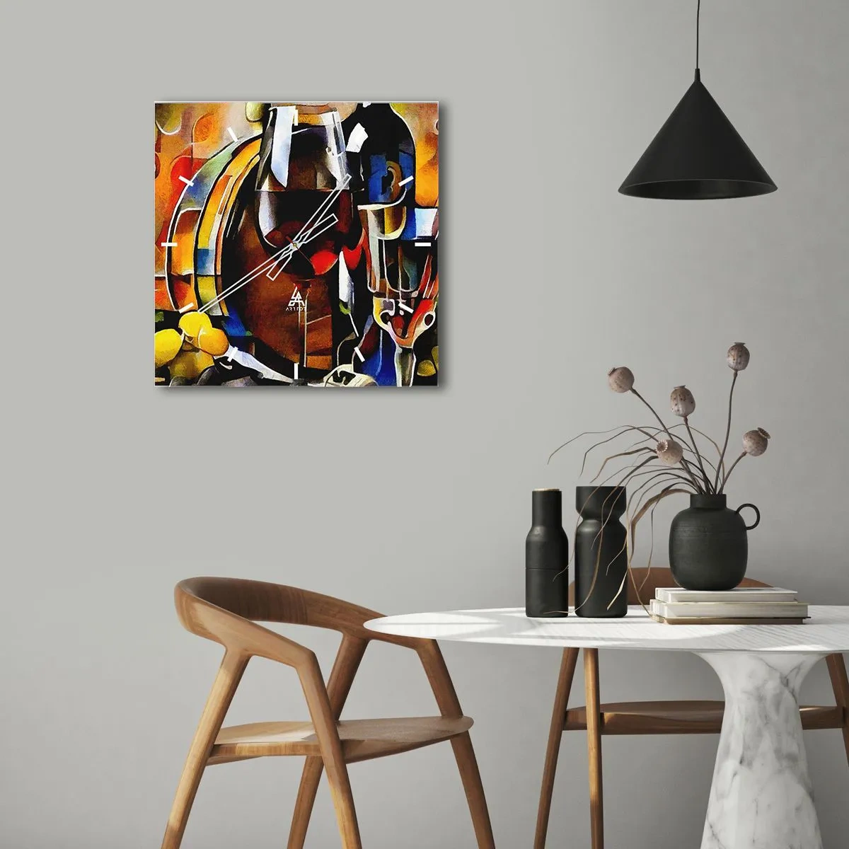 Wanduhr - Glasuhr - Abstraktes Stillleben mit Gläsern und Instrumenten - 30x30cm - Und die Welt nimmt Farben an - Moderne Wanddekoration für Wohnzimmer und Schlafzimmer ARTTOR