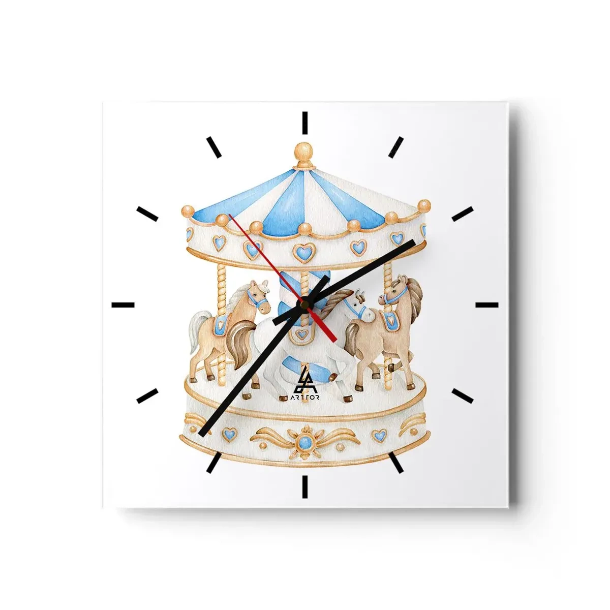 Wanduhr - Glasuhr - Ein Karussell in Pastellfarben auf weißem Hintergrund - 30x30cm - Süße Kindheit - Moderne Wanddekoration für Wohnzimmer und Schlafzimmer ARTTOR