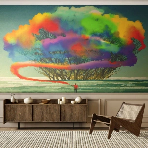 Fototapete Standard Eco - Ein Baum, umgeben von farbigem Rauch und eine Figur mit einer Fackel - 100x70cm - Erwecke diese Welt zum Leben - Moderne Wanddekoration für Wohnzimmer und Schlafzimmer ARTTOR