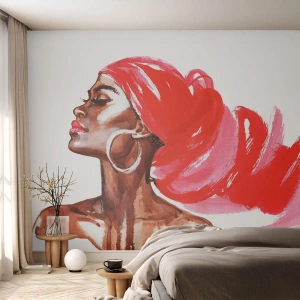 Fototapete Premium Sand - Stilisiertes Porträt einer Frau mit rotem Schal - 100x70cm - Es weht ein Wind, der die Nase eines Mannes öffnet - Moderne Wanddekoration für Wohnzimmer und Schlafzimmer ARTTOR