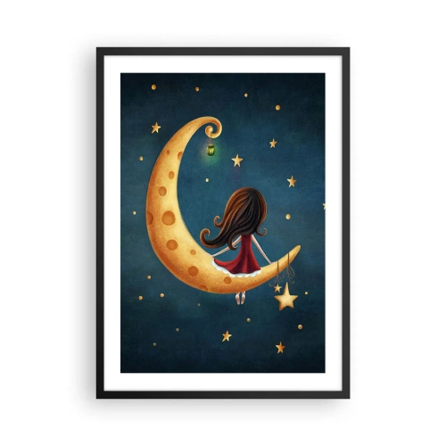 Poster in einem schwarzem Rahmen - Ein Mädchen auf dem Mond, umgeben von Sternen und einer Laterne - 50x70cm - Einmal… - Moderne Wanddekoration für Wohnzimmer und Schlafzimmer ARTTOR