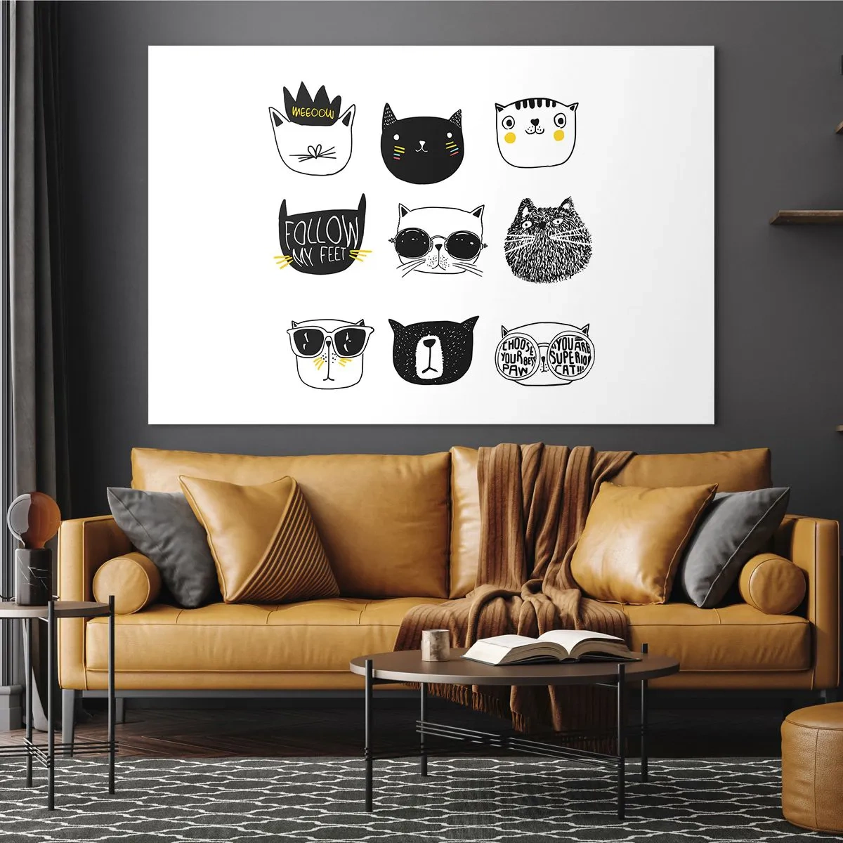Glasbild - Bild auf glas - Illustrationen von entzückenden Katzen im minimalistischen Stil - 120x80cm - Jeder andere - Moderne Wanddekoration für Wohnzimmer und Schlafzimmer ARTTOR