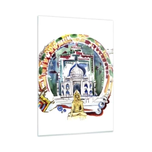 Glasbild - Bild auf glas - Bunte Illustration indischer Wahrzeichen im Aquarellstil - 50x70cm - Hinduistisches Weltgleichgewicht - Moderne Wanddekoration für Wohnzimmer und Schlafzimmer ARTTOR