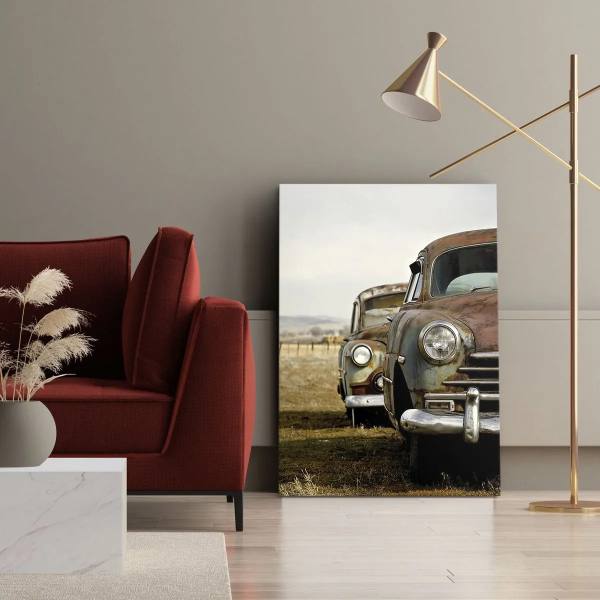 Bild auf Leinwand - Leinwandbild - Zwei alte Autos auf einem Feldweg neben einem Holzzaun - 80x120cm - Eine wohlverdiente Ruhe - Moderne Wanddekoration für Wohnzimmer und Schlafzimmer ARTTOR